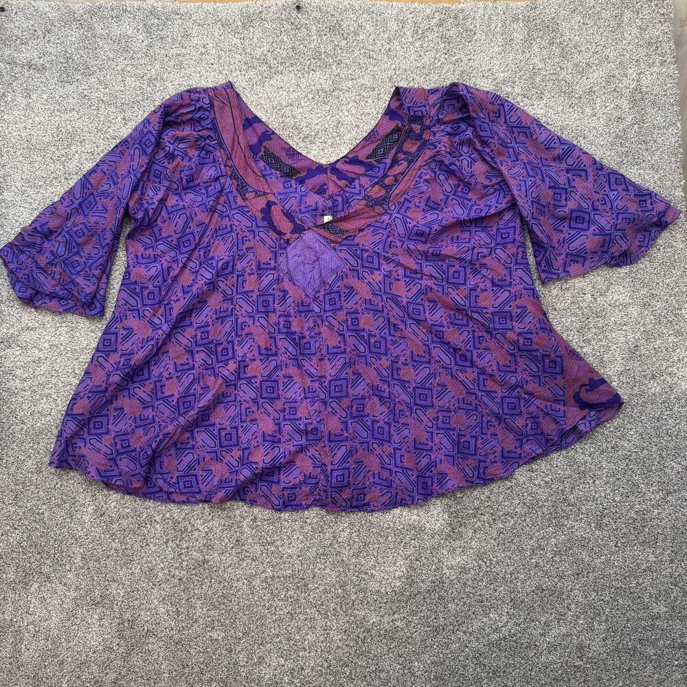 Vintage Y2k Boho Silk Blouse XL Flowy Flutter Sleeve Hippie Festival Whimsigoth